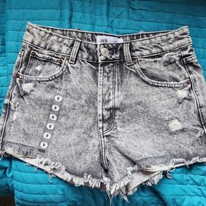 Gray Denim Distresed High Waisted Cut Off Shorts Zara